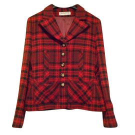 Sonia Rykiel-vest  rouge vif, bordeaux et noir écossais, laine bouclette-Rouge