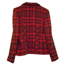 Sonia Rykiel-vest  rouge vif, bordeaux et noir écossais, laine bouclette-Rouge