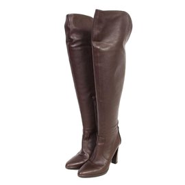 Hermès-Hermes Knee Length Leather Boots-Dark brown