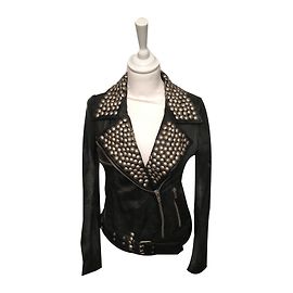 Autre Marque Giacca Biker Zen in pelle nera con borchie argento Nero
