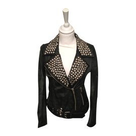 Autre Marque Zen Biker Jacket Black Leather with Silver Studs Black