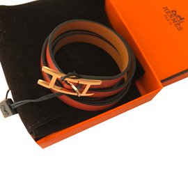 Hermès-Bracelet HERMÈS Hapi  en cuir et boucle plaqué or rose-Autre