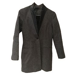 All Saints Grey Gingham Wool Coat with Leather Details Grey