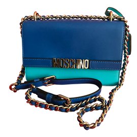 Moschino-MOSCHINO Signature Blue Leather Shoulder Bag-Blue