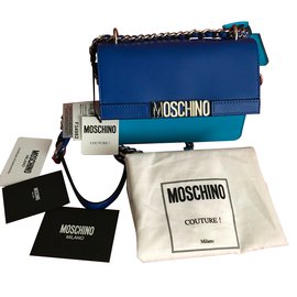 Moschino-MOSCHINO Assinatura Bolsa De Ombro De Couro Azul-Azul