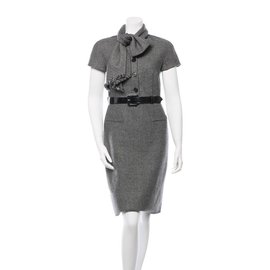 Christian Dior-Dior bow scarf wool sheath dress-Grey