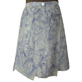 Chanel Camelia Printed Silk Chiffon Skirt White Blue White Blue