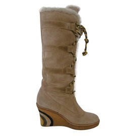 Emilio Pucci-Emilio Pucci Leather Mouton Knee Length Boots-Beige