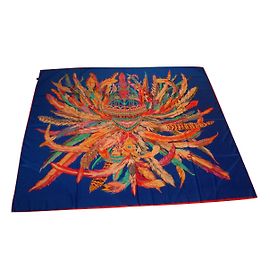 inconnue Silk Scarf Blue Feather Pattern 130x130 cm Blue Multiple colors
