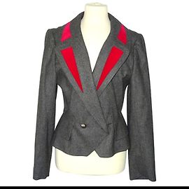 Hermès Wollblazer mit rotem Samt und Seidenfutter Rot Grau