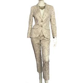 Carla G. Calça creme de brocado terno Dourado Creme