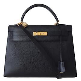 Hermès-HERMES KELLY 32 Black leather-Black
