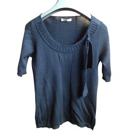 Prada Schwarzer Kurzärmeliger Wollpullover mit Schleife Schwarz