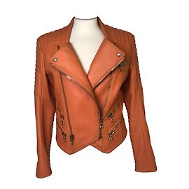 Balmain gesteppte Leder Bikerjacke Koralle