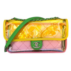 Chanel-Corrida de Penas Acolchoada Acolchoada de Prata Brilhante Verde / Amarelo / Rosa Pvc / Bolsa de Pele de Cordeiro-Multicor