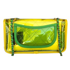 Chanel-Borsa trapuntata trapuntata singola lucida catena d'argento verde / giallo / rosa pvc / borsa in pelle d'agnello-Multicolore