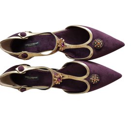Dolce & Gabbana-Dolce y Gabbana zapatos de terciopelo adornado pisos 40-Coñac