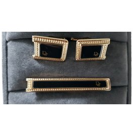 Christian Dior-ônix e abotoaduras folheadas a ouro-Preto,Dourado