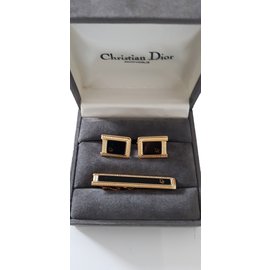 Christian Dior-ônix e abotoaduras folheadas a ouro-Preto,Dourado