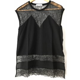 Sandro Black Cotton Top with Lace Inserts Black