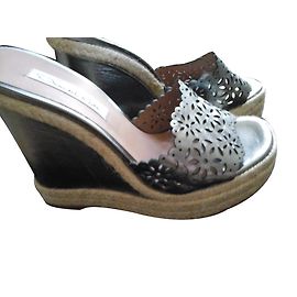 Oscar de la Renta Bronze Leather Wedge Mules Bronze