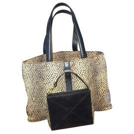 Lancel Handbag Leather and Canvas Python Print Beige Camel Black Python print
