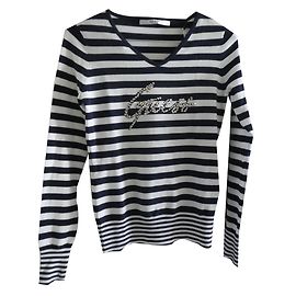 Guess Long Sleeve Top White Navy Blue Viscose White Navy blue
