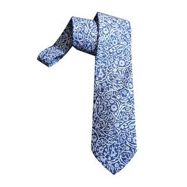 Autre Marque-Cravate soie imprimée arabesques bleues NEUVE-Bleu,Bleu Marine
