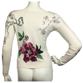 Parosh-Knitted silk top with floral pattern-Cream