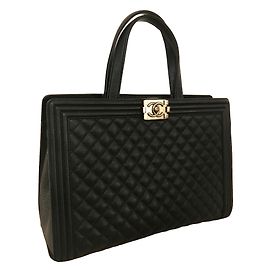 Chanel preto acolchoado vitela couro menino grande sacola de compras em couro grained Preto