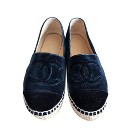 Chanel-CHANEL Velvet navy blue espadrilles shoes EU37-Blue