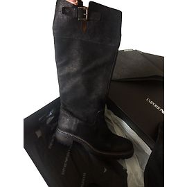 Emporio Armani Black Leather Biker Boots Black