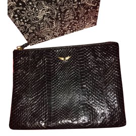 Zadig & Voltaire Python and Lambskin Clutch Black Black