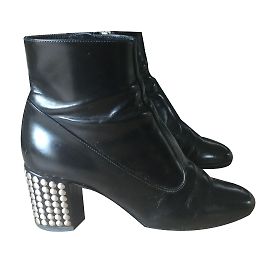 Saint Laurent Black Leather Studded Ankle Boots Black