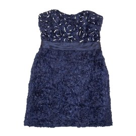 Badgley Mischka-Rosette Embellished Silk Dress-Blue