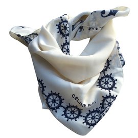 Céline-Silk scarves-Eggshell,Navy blue