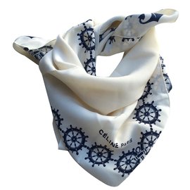 Lenço de seda Céline Eggshell e Navy Blue Fora de branco Azul marinho
