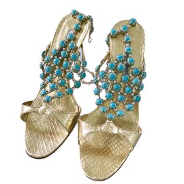 sandálias Manolo Blahnik em python dourado e turquesa Dourado Turquesa