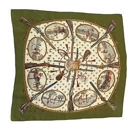 Hermès 100% Sciarpa di seta "LA CHASSE A TIR" Marrone Beige D'oro Verde