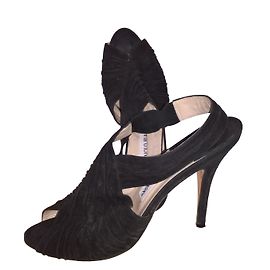 Manolo Blahnik Black Deerskin Wedge Mules Black