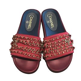 Chanel Red Satin Chain Slides slippers Red