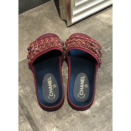 Chanel-Red Satin Chain Slides slippers-Red