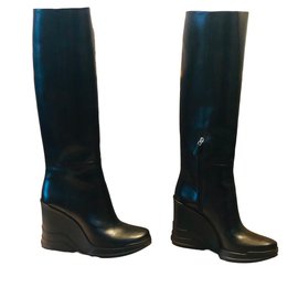 Prada Black Leather Boots 39.5 IT Black