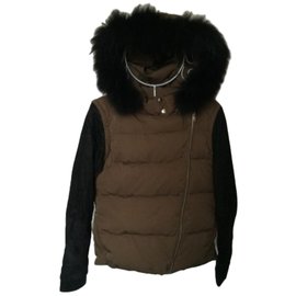 Maje-Down jacket with leather sleeves and black fur hood-Black,Khaki