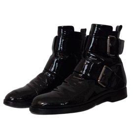 Pierre Hardy-Black Double-buckle Motorcycle Patent Calf Leather Ankle Boots-Black