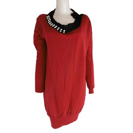 Lanvin-Pearl Rhinestones Embellished Jumper Dress-Red