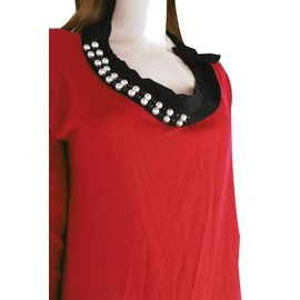 Lanvin-Robe volantée à strass et perles-Rouge