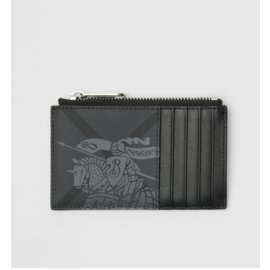 Burberry-burberry Equestrian Knight Print and Leather Zip Card Case-Grey