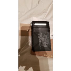 Burberry-burberry Equestrian Knight Print and Leather Zip Card Case-Grey
