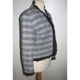 Escada-Blazer en laine mélangée à volants et doublure en soie-Noir,Blanc